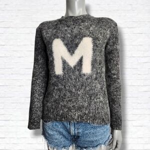 Mila Owen Grey Crewneck "M" Initial Wool Knit Sweater Size S